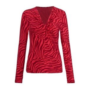 CAbi Feline Tee Size Large Red Tiger Print V Neck Twist at Bust Long Sleeves
